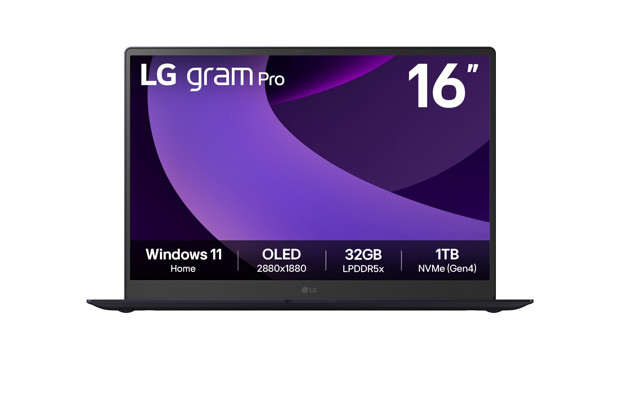 Front view of LG gram Pro 16" | Lightweight | Windows 11 Home | 32GB RAM Intel® Arrow Lake H Laptop | gram AI | Copilot | LG gram Link, 16:10 OLED display 16Z90TP-K.AD88A3
