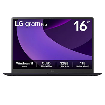 Front view of LG gram Pro 16" | Lightweight | Windows 11 Home | 32GB RAM Intel® Arrow Lake H Laptop | gram AI | Copilot | LG gram Link, 16:10 OLED display 16Z90TP-K.AD88A3