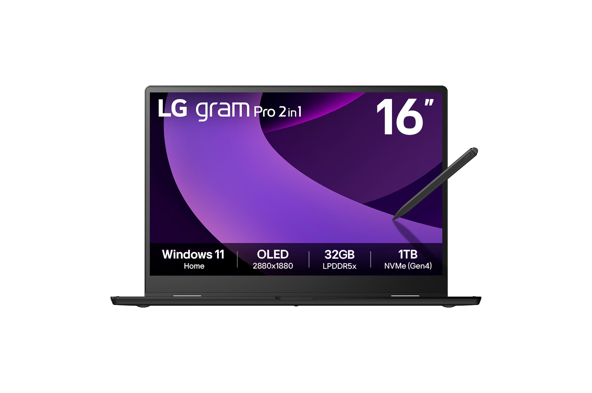 Front view of LG gram Pro 2in1 16" | Windows 11 Home | Ultra-light | Superslim 32GB RAM Intel® Core™ Ultra Processor Laptop | gram Dual AI | Copilot, LG gram Link | 16:10 OLED Touch Display 16T90TP-K.AD88A3