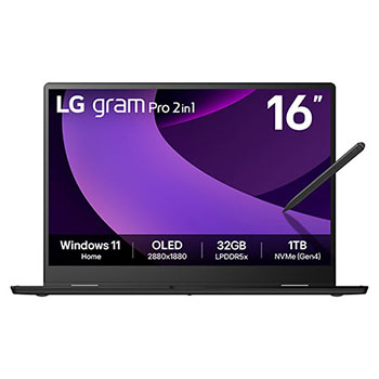 Front view of LG gram Pro 2in1 16" | Windows 11 Home | Ultra-light | Superslim 32GB RAM Intel® Core™ Ultra Processor Laptop | gram Dual AI | Copilot, LG gram Link | 16:10 OLED Touch Display 16T90TP-K.AD88A3