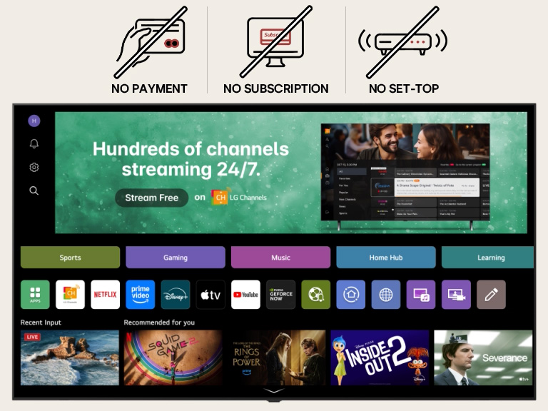 LG Smart TV home screen navigating into the LG Channels interface, showcasing a variety of free live TV channels, movies, and exclusive content available without subscription, payment, or set-top box. The video highlights seamless access to hundreds of entertainment options directly built into every LG Smart TV.