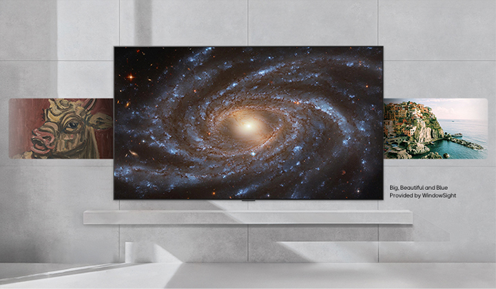 Wall-mounted LG TV with a variety of content cycling through the screen from classic art, modern art, 3D, and more. Logos of content partners also shown. Free badge in the corner says free contents, one month.