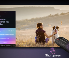 LG AI Magic Remote in front of an LG TV screen. On the screen is a personalized greeting from the LG AI with custom keywords based on the user's search and watch history. By the remote is an icon and label showing that the AI Concierge functionality is easily accessible with one short press on the AI button. 
