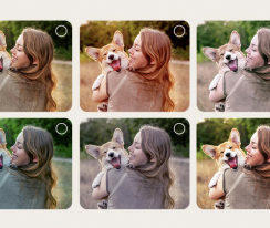 Screen of a user going through the AI Picture Wizard personalization process. Series of pictures are shown with user's selections being highlighted. A loading icon appears and a landscape image is shown being enhanced from left to right.