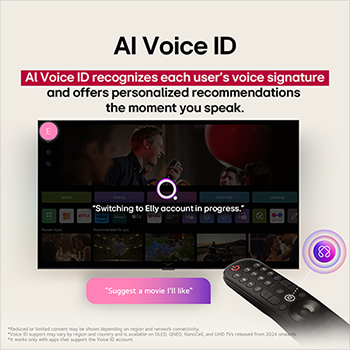 LG AI Magic Remote with the AI button highlighted. Around it are the different functionalities that a user can access from the button. AI Voice ID, AI Search, AI Chatbot, AI Concierge, AI Picture Wizard, AI Sound Wizard. The text explains that the LG AI Magic Remote completes your AI experience with a dedicated AI button and can be used like an air mouse. Just point and click.