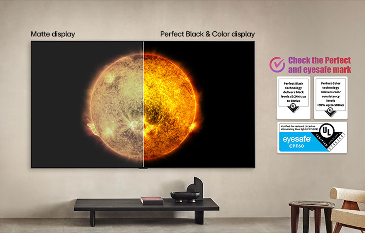 LG OLED TV showing a visual comparison between a display with Perfect Color and Perfect Black and one without. UL and eyesafe certifications are visible with text prompting to check the marks..