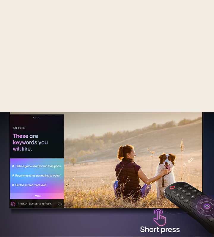 LG AI Magic Remote in front of an LG TV screen. On the screen is a personalized greeting from the LG AI with custom keywords based on the user's search and watch history. By the remote is an icon and label showing that the AI Concierge functionality is easily accessible with one short press on the AI button. 