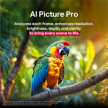 Parrot on a tree branch in vivid color. The title talks about how LG Al Picture Pro made impressive visual enhancements to the scene's resolution, brightness, depth, and clarity.