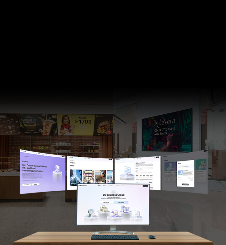 This image features the LG Business Cloud main screen on a monitor, with various web page views shown behind it.	