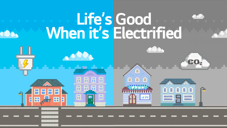 Two houses are shown on a split screen, one showing a house that runs only on electricity and the other showing a house that runs on carbon dioxide.