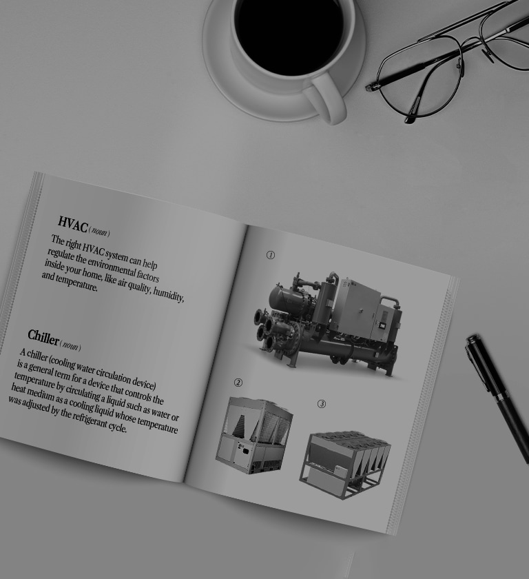 A dictionary book showing the definition of HVAC and chiller with images of chillers. 