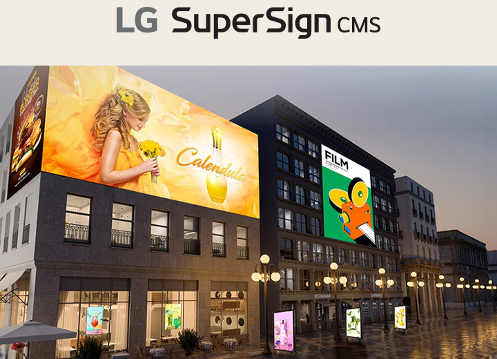 It displays a virtual space where various types of signage, such as large LED displays, window-facing displays, and open-frame displays, are being used.