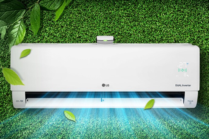 an air conditioner that breathes cool air on green grass