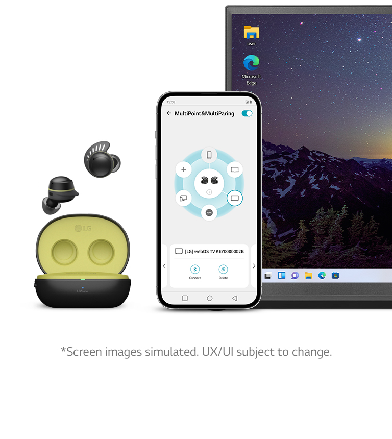 The lid of the TONE Free fit cradle opens to reveal the earbuds floating in the air with a smartphone and laptop to the side. The smartphone has the Multi Point and Multi Pairing menu onscreen.