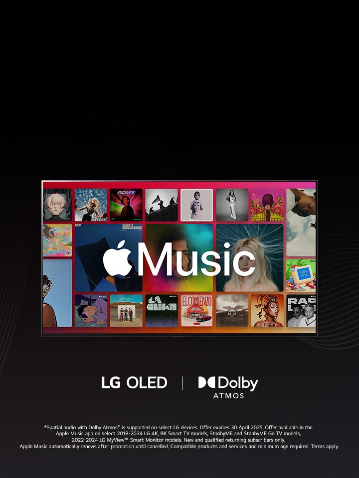 A grid layout of albums with the Apple Music logo overlayed, with LG OLED and Dolby Atmos Logo below.