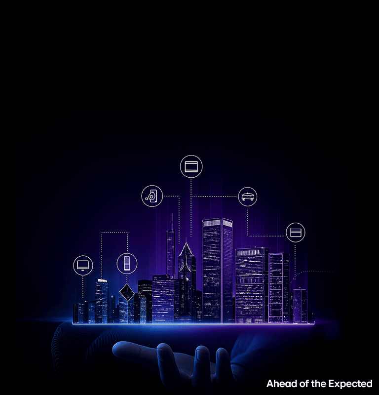 Futuristic smart city held by a hand with connected tech icons and 'Ahead of the Expected