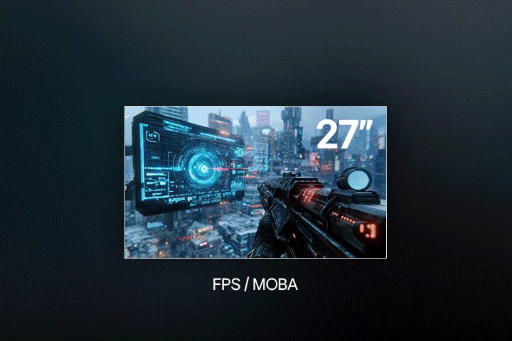 An animation highlighting a 27-inch LG UltraGear monitor for FPS and MOBA gaming, showing a futuristic first-person shooter scene with a rifle aimed at a holographic display over a cyberpunk cityscape.