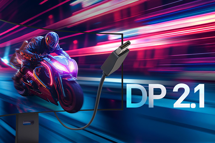 Motorcycle in motion with DisplayPort 2.1 cable connection.
