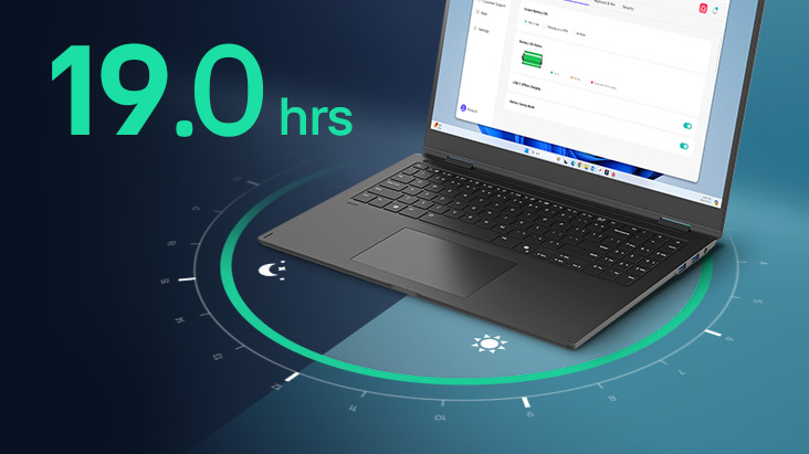 A laptop displaying a battery usage interface on its screen, surrounded by a circular visual representation of time. The text '19.0 hrs' is prominently featured, highlighting extended battery life.