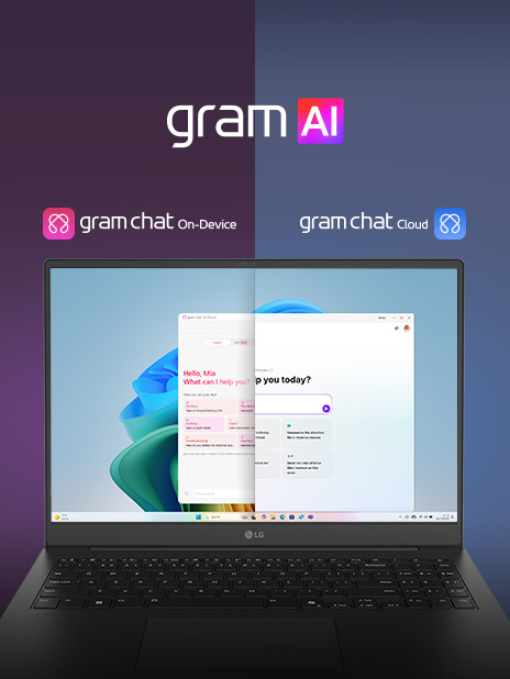A split-screen image showcasing 'gram AI' with two distinct modes: 'gram chat On-Device' on the left, represented by a pink icon, and 'gram chat Cloud' on the right, represented by a blue icon. The screen displays an AI interface, symbolizing seamless AI functionality across both modes.