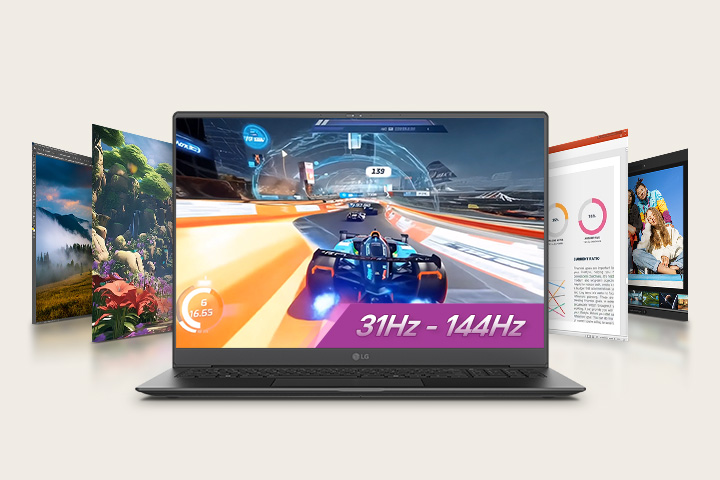 An animation shows a laptop displaying an racing game of car scene on its screen with a highlighted text '31Hz - 144Hz,' surrounded by additional screens featuring diverse visuals. This setup emphasizes gaming and multimedia versatility with a variable refresh rate.