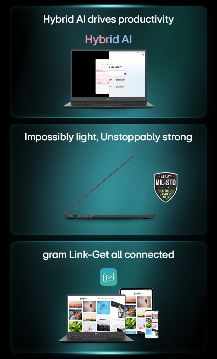 LG gram laptop showcasing Hybrid AI for productivity, ultra-light yet durable design, and gram Link for seamless device connectivity.