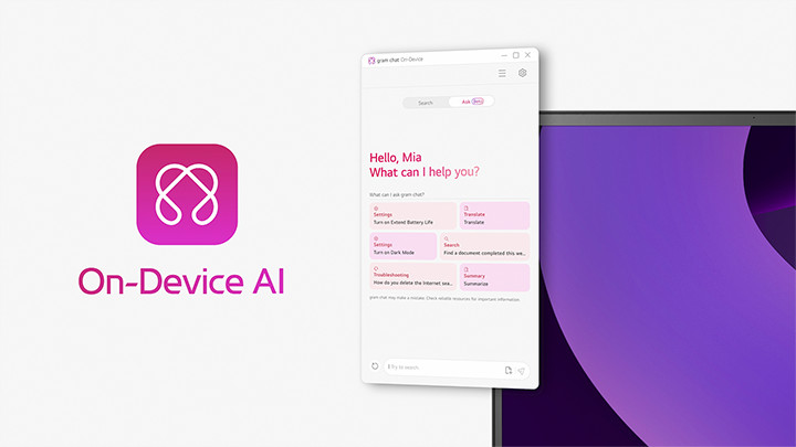LG gram On-Device AI interface displayed on a laptop, showcasing offline AI-powered assistance for enhanced productivity, security, and smart features.