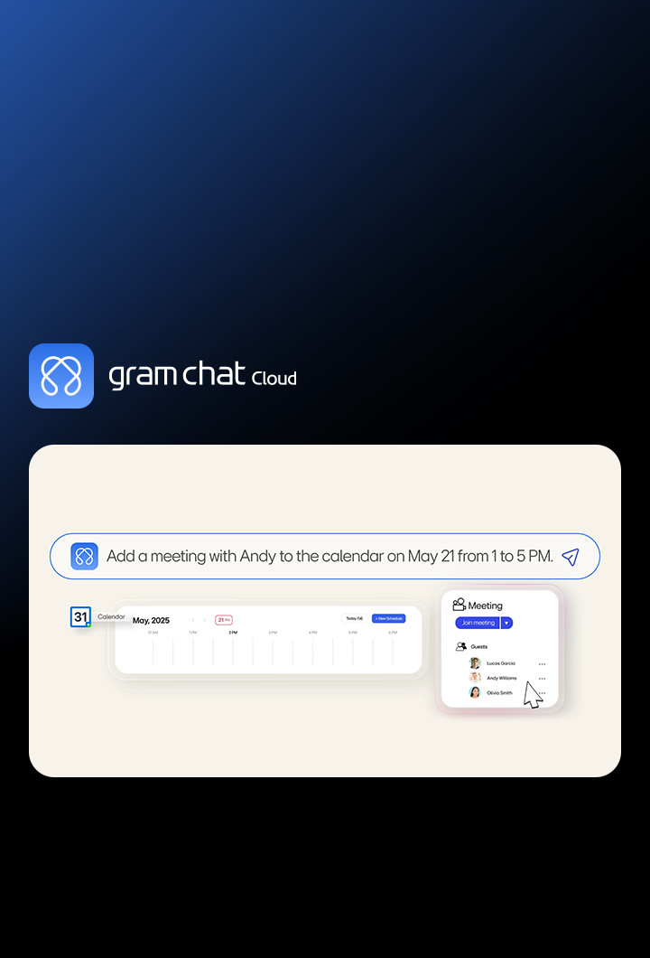 LG gram chat Cloud AI scheduling a meeting via voice command, displaying a calendar and meeting details for seamless task management.