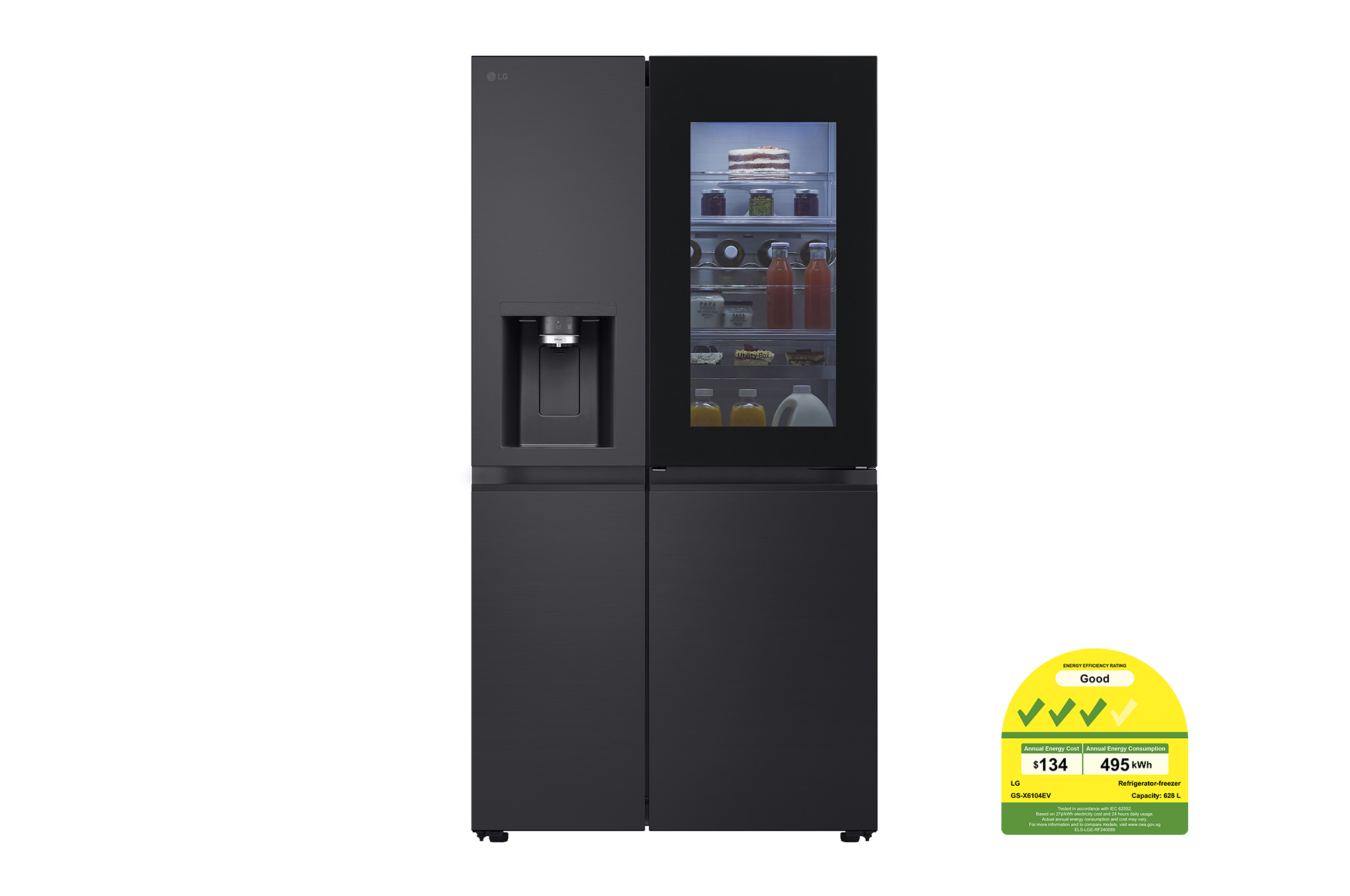 Front view of 628L InstaView® Door-in-Door® Side by Side Fridge in Essence Black Steel GS-X6104EV