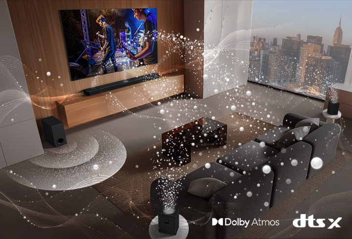 An image of an LG TV and LG Soundbar in a living room playing a musical performance. White soundwaves made up of droplets project from the soundbar, looping around the sofa and living space to depict surround sound. Dolby Atmos logo DTS X logo