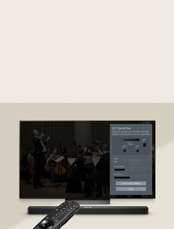 An image of an LG Soundbar, LG Remote, and  LG TV showing the WOW Interface on screen. 	