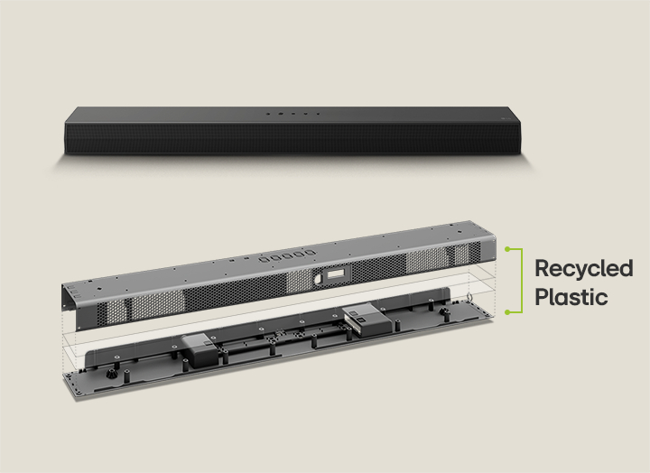 "There is a front view of soundbar behind and a metal frame image of soundbar in front. An angled view of the back of the soundbar's metal frame with the words ""Recycled Plastic"" pointing to the edge of the frame."	