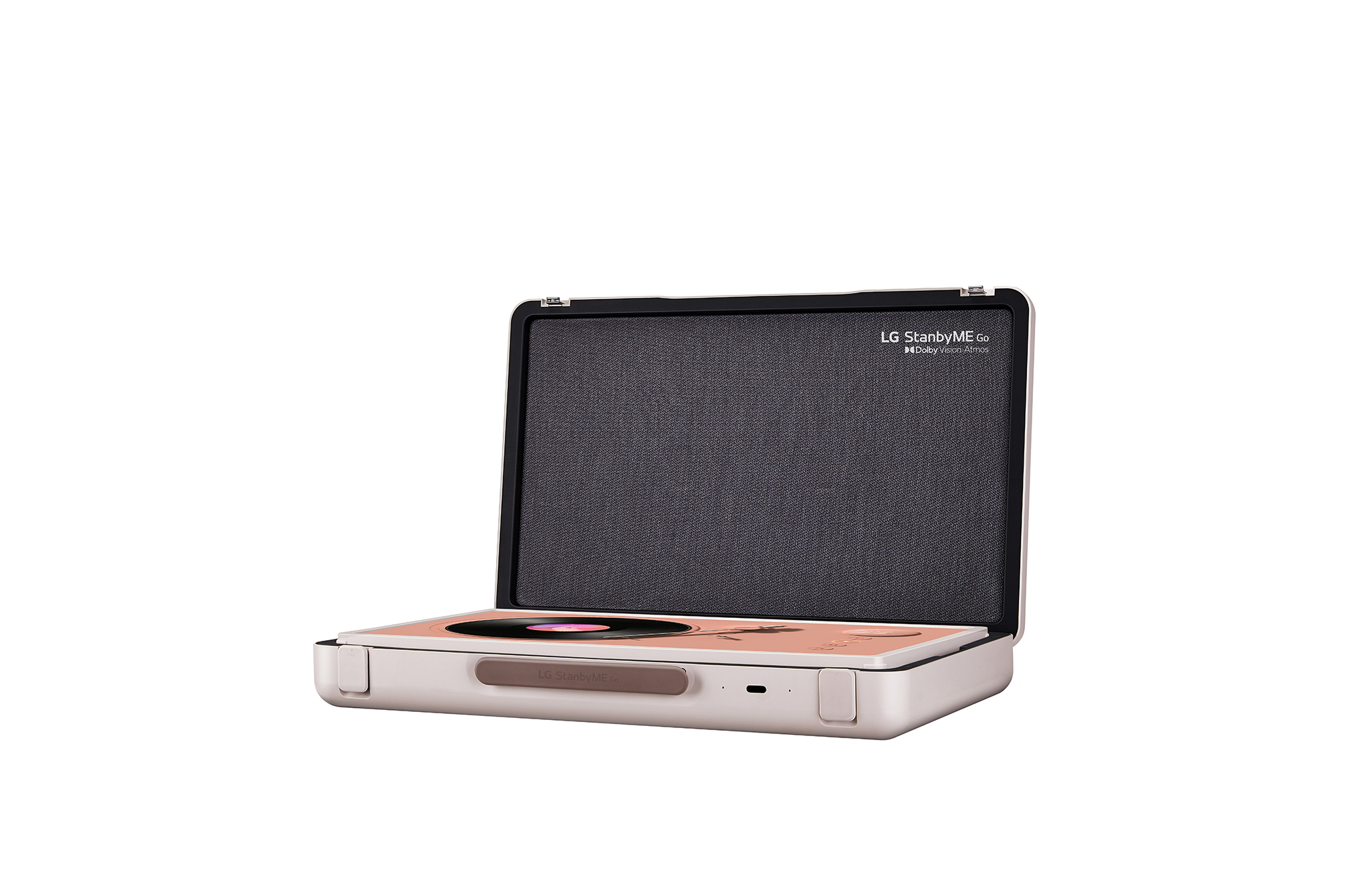 45 degree side view of table mode that shows a coral turntable music skin