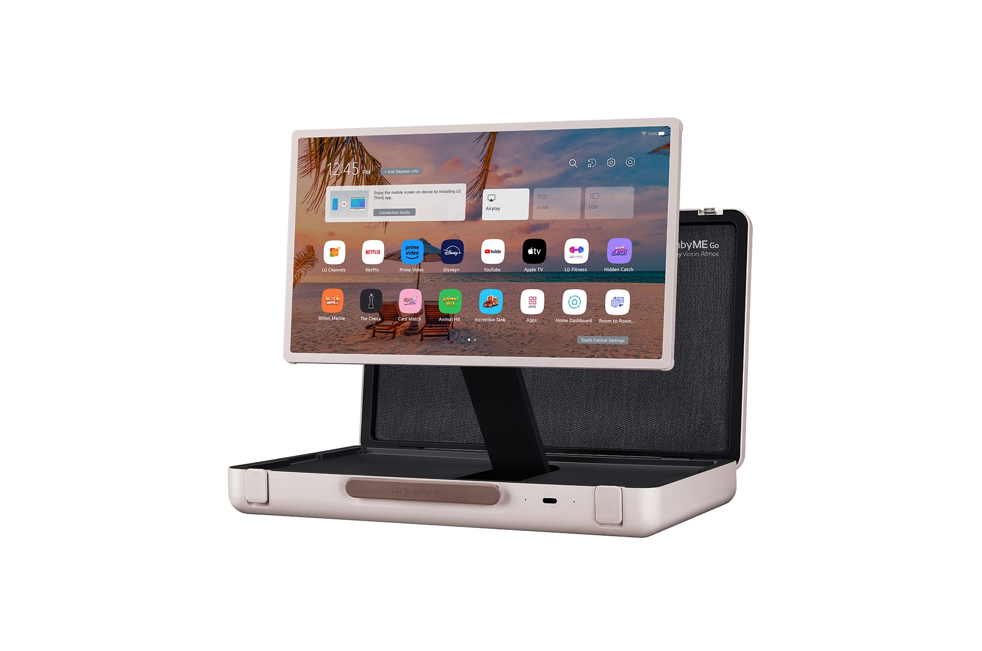 47 degree side view of horizontal mode with display height adjusted up showing home screen