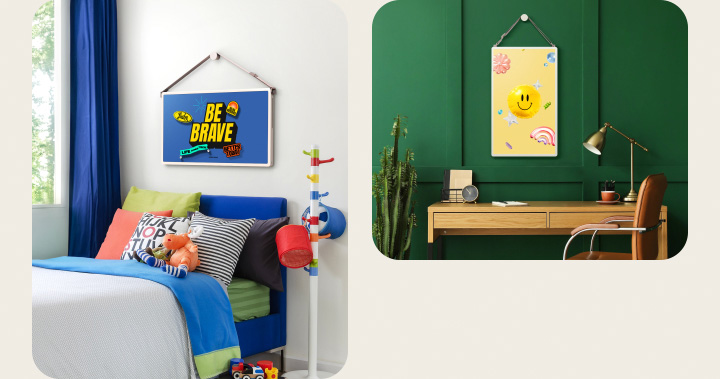 Different living spaces with LG StanbyME 2 screens on the wall. Art Poster content are on the screens.
