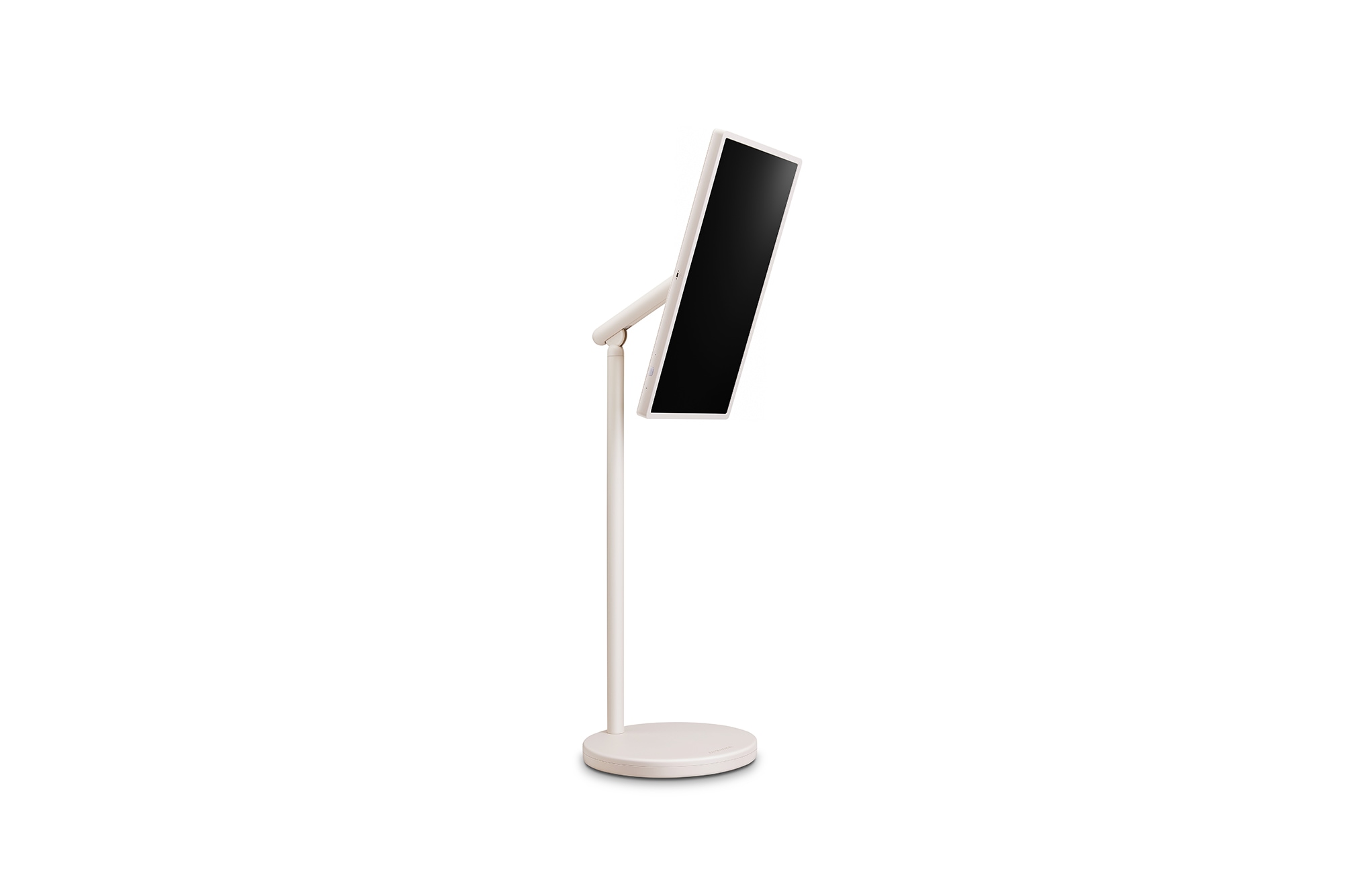 45 degree side view of the LG StanbyME 2 on stand. Screen is tilted to show its flexible orientation. 