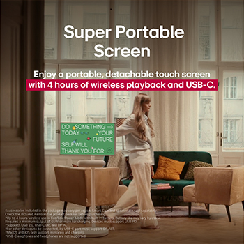 A person rolling their LG StanbyME 2 using the TV stand. The text explains how the Super Portable Screen has 4 hours of wireless playback and USB-C. 