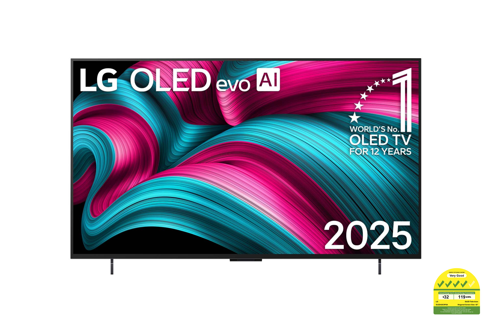 Front view of 42 inch LG OLED evo AI TV C5 144Hz Gaming Mode* Dolby Vision & HDR10 4K UHD (2025) OLED42C5PSA
