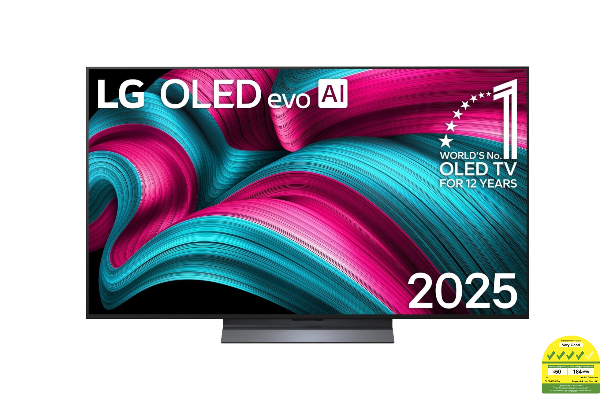 Front view of 55 inch LG OLED evo AI TV C5 144Hz Gaming Mode* Dolby Vision & HDR10 4K UHD (2025) OLED55C5PSA