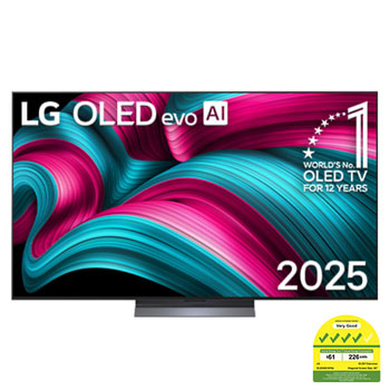 Front view of 65 inch LG OLED evo AI TV C5 144Hz Gaming Mode* Dolby Vision & HDR10 4K UHD (2025) OLED65C5PSA