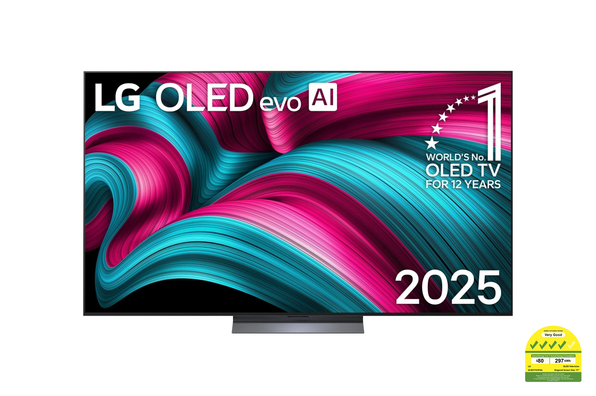 Front view of LG OLED evo AI C5 4K Smart TV. 12 Years of world number 1 OLED emblem and LG OLED evo AI 2025 logo are on the screen.