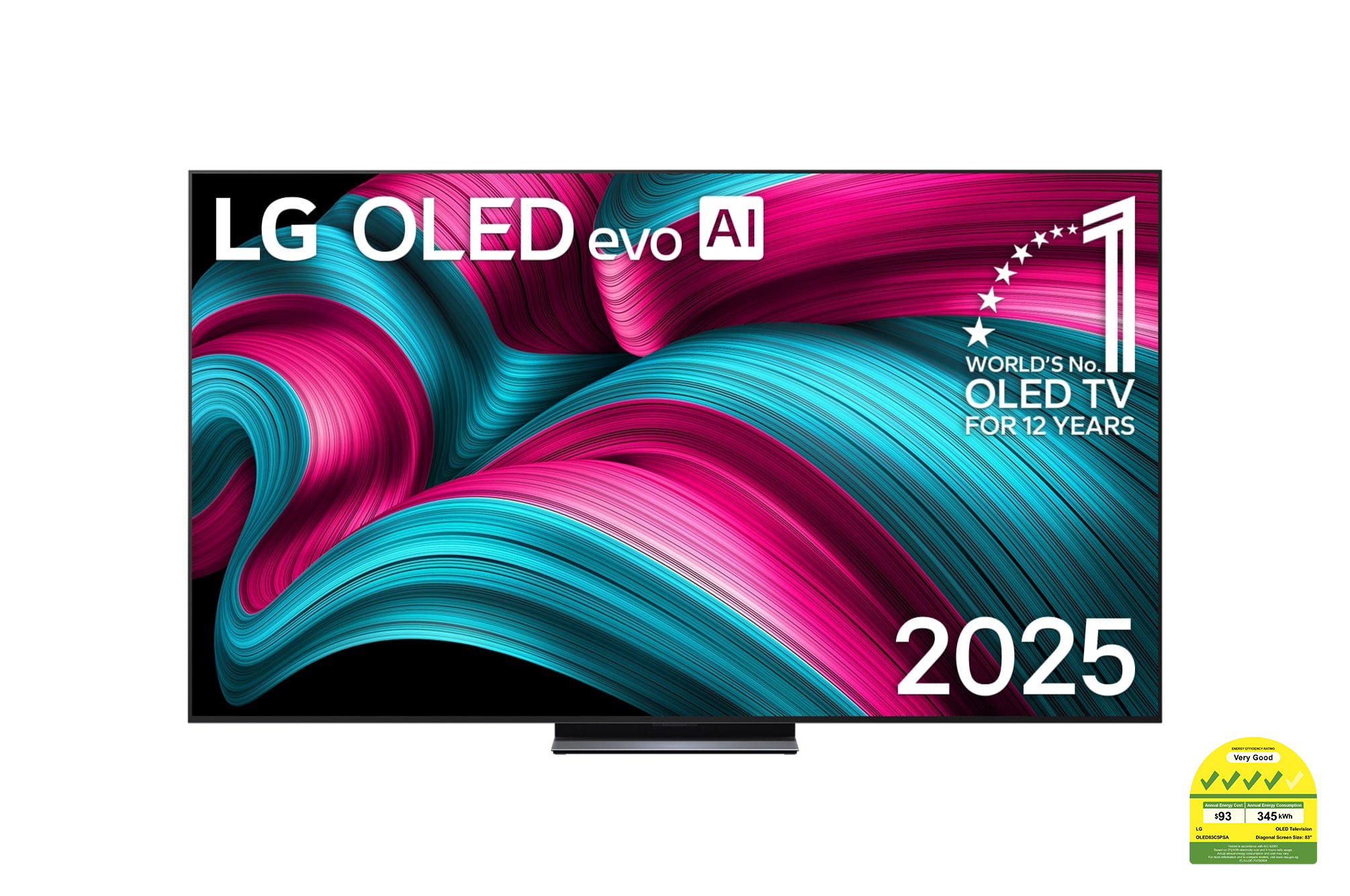 Front view of 83 inch LG OLED evo AI TV C5 144Hz Gaming Mode* Dolby Vision & HDR10 4K UHD (2025) OLED83C5PSA