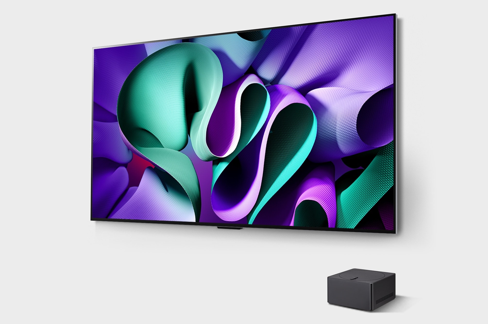 Left-facing side view of LG OLED evo TV, OLED M4 on the wall, and a Zero Connect Box placed below the TV