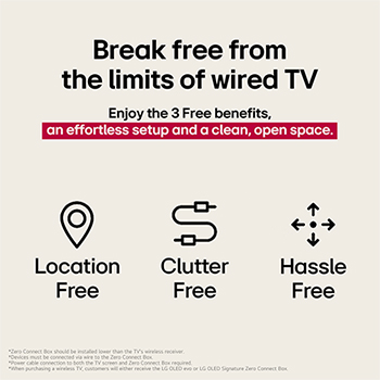 Three icons that represent the 3 Free benefits from LG True Wireless TV. Location-free, clutter-free, hassle-free. Text talks about breaking free from the limits of wired TV and enjoying an effortless setup and clean, open space.