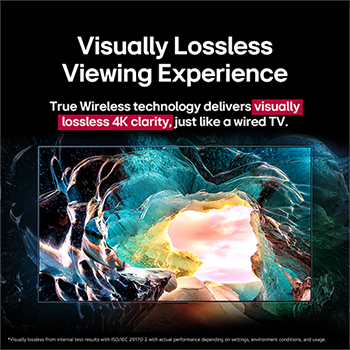 LG OLED M5 TV screen showing a cave interior looking out to the sky. Text talks about how detail is impressive showing visually lossless 4K quality. 