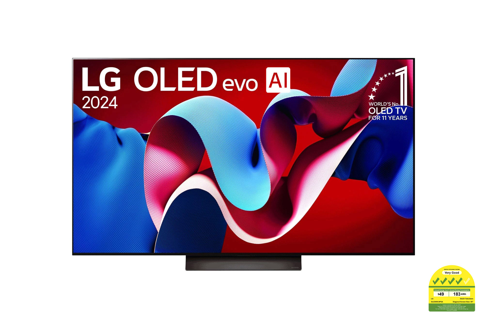 Front view of LG OLED evo AI C4 55 inch TV 4K Smart TV 2024 | Wall mounted | TV stand | TV wall design | Ultra HD 4K resolution | AI ThinQ® OLED55C4PSA