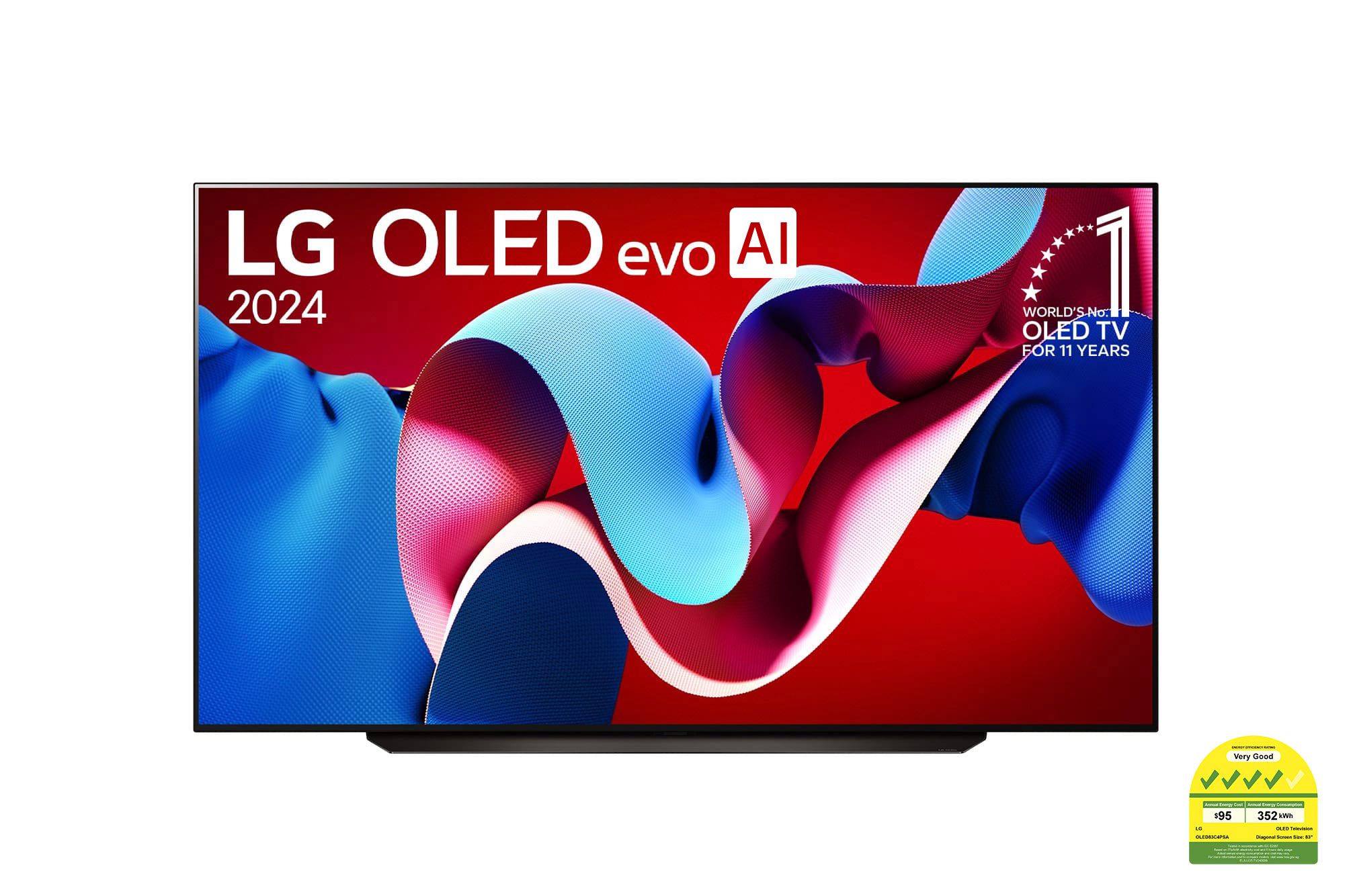 Front view of LG OLED evo AI C4 83 inch TV 4K Smart TV 2024 | Wall mounted | TV stand | TV wall design | Ultra HD 4K resolution | AI ThinQ® OLED83C4PSA
