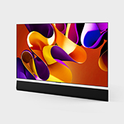Slightly-angled left-facing side view of LG OLED G4 on the wall with the Soundbar below