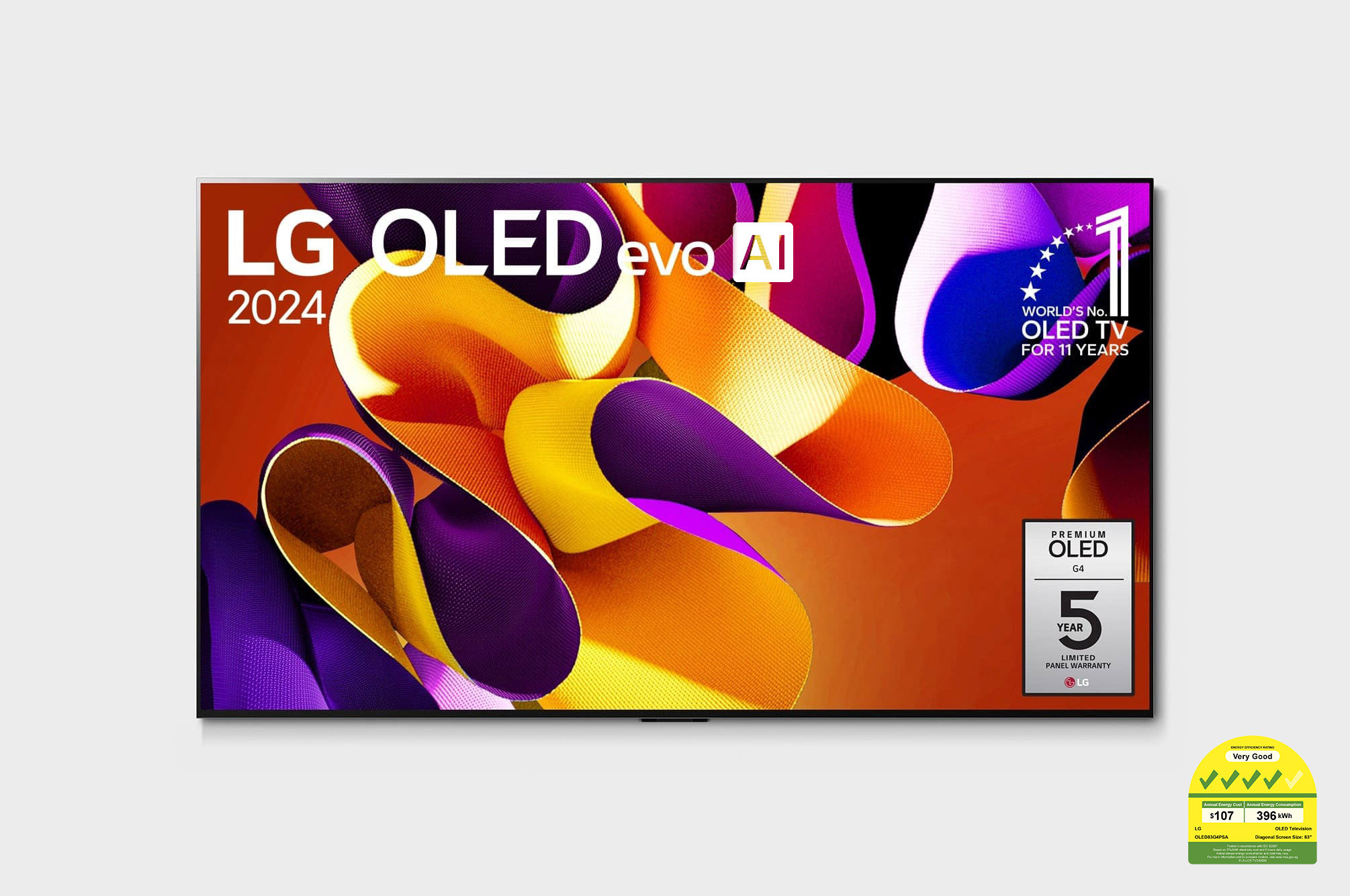 Front view of LG OLED evo AI G4 83 inch TV 4K Smart TV 2024 | Gallery Edition | Wall mounted TV | TV wall design | Ultra HD 4K resolution | AI ThinQ® OLED83G4PSA