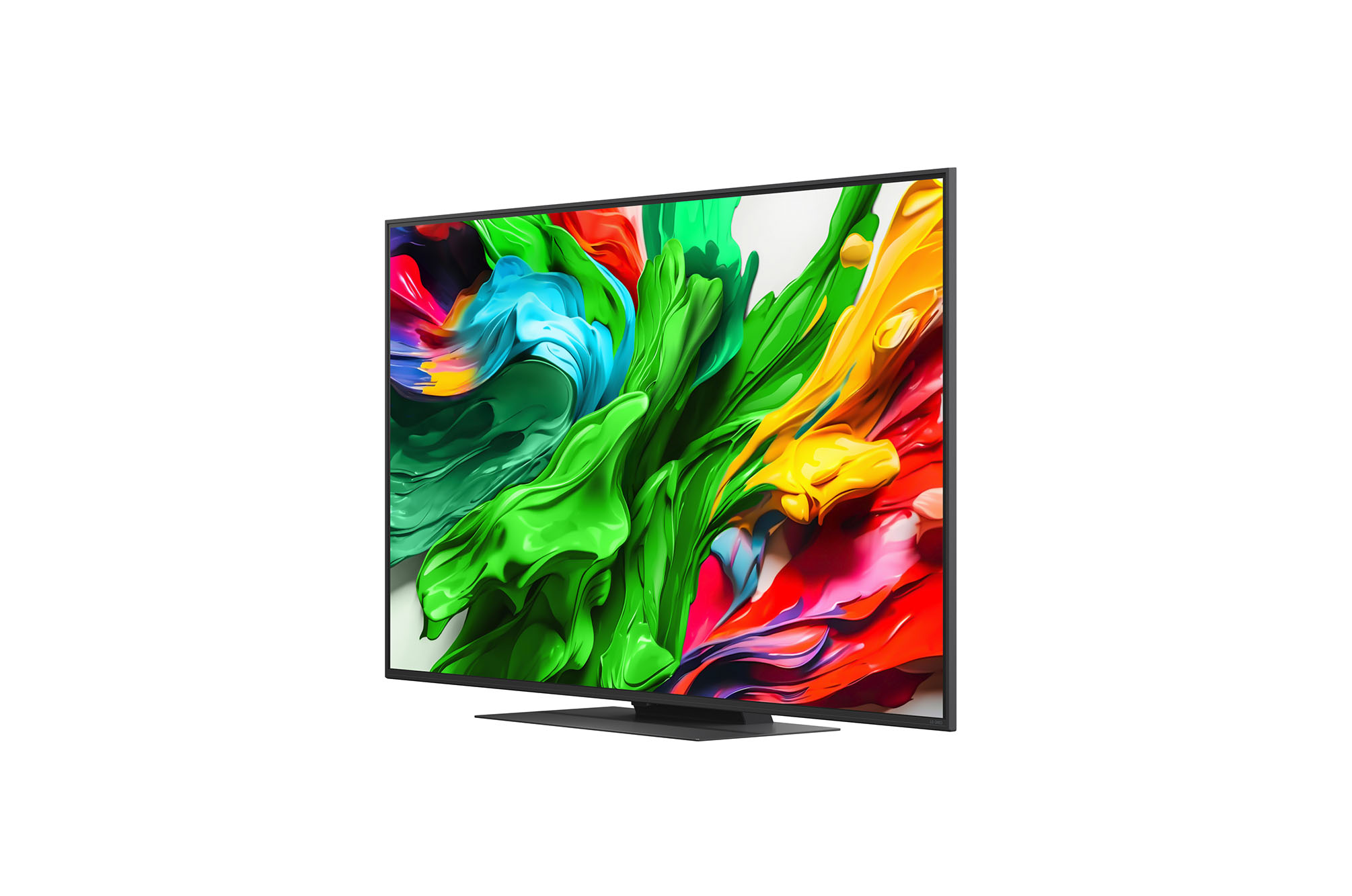 Front view and side view of LG QNED evo AI QNED85 4K Smart TV showing its length, width, height, and depth dimensions.